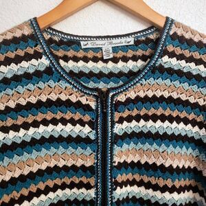 David Brooks Crocheted Knit Zippered Cardigan XL: Cottagecore Grandma Layering